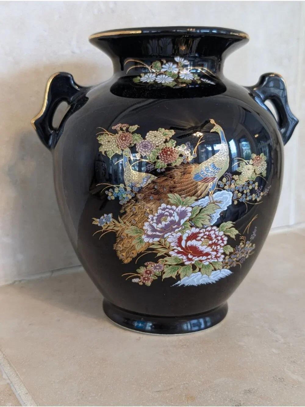 Vintage Japanese Porcelain Vase Peacock & Floral Design Gold Gilt MCM 6